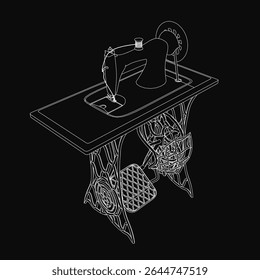 A black and white sewing machine illustration with intricate details, including the spool, needle, thread, and foot pedal. The stark contrast against the black background highlights the vintage.