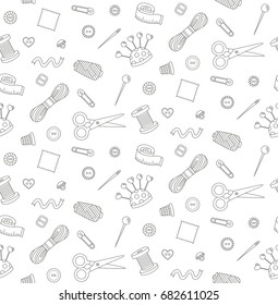 Black and white sewing tools seamless doodle vector pattern