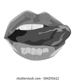 Black and white sexy lips. Vector illustration. Open mouth with tongue