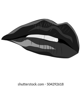 Black and white sexy lips. Vector illustration. The mouth is half open and visible teeth
