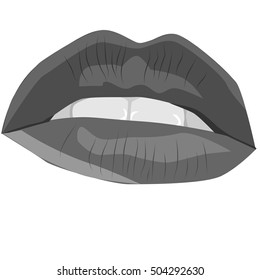 Black and white sexy lips. Vector illustration. The mouth is half open and visible teeth