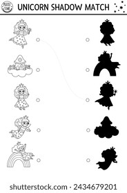 Black and white shadow matching activity with little fairies. Magic world puzzle. Find correct silhouette printable worksheet, game. Fairytale coloring page for kids with little unicorn princess
