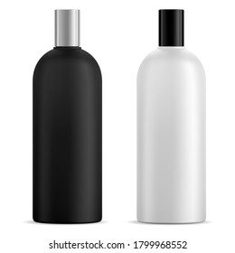 Black and white shampoo bottle mockup, vector blank. Cosmetic product container design for liquid gel, hear mask. Body milk shiny tube 3d mock up for skin moisturizer, bath hygiene care collection