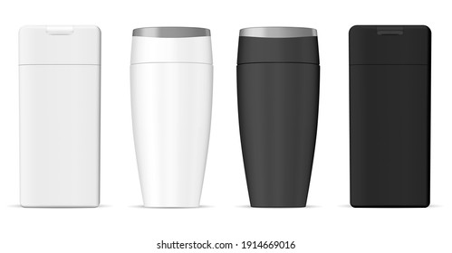 Black and white shampoo bottle vector cosmetic blank. Body cosmetic lotion mockup, vector design. Hair cream shower container template. Beauty care pack, liquid milk, bath product