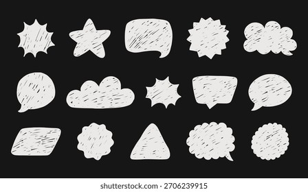 Formas em preto e branco e bolhas de fala desenhadas à mão com marcador ou caneta. Quadros de comunicação e bordas com textura grunge rabiscar. Projeto de vetor objetos crianças projetos, adesivos e fundos.