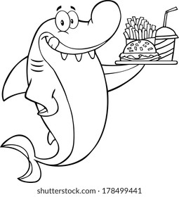 Black And White Shark Cartoon Character Holding A Plate Of Hamburger And French Fries. Vector Illustration Isolated on white