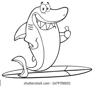 Black And White Shark Cartoon Mascot Character Surfing And Holding A Thumb Up. Vector Illustration With Background