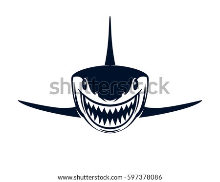Black and white shark with open jaws on a white background. Vector illustration