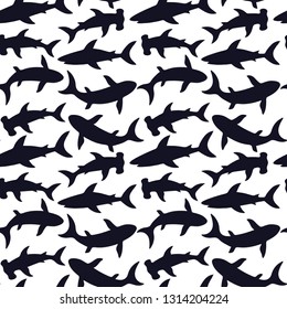 Black and white shark seamless pattern. Vector illustration. 