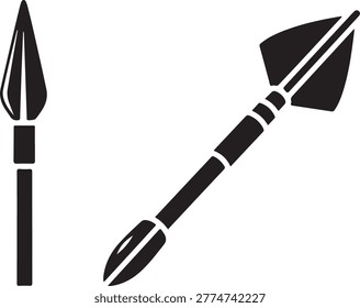 Black and white of a sharp spearhead and a fletched hunting arrow
