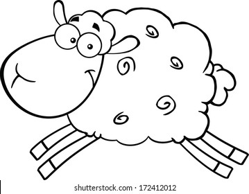 Black And White Sheep Cartoon Mascot Character Jumping. Vector Illustration Isolated on white