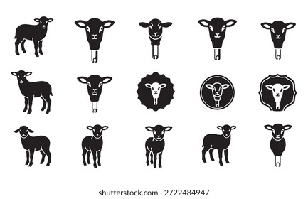Black and white sheep and lamb in various poses and styles silhouette