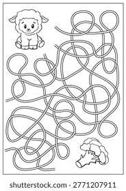 Black and white sheep maze worksheet for kids, printable farm animal educational activity page for preschool and kindergarten. Vector line art labyrinth puzzle for homeschooling to develop logic, motor skills and concentration. Monochrome lamb coloring worksheet for children education.
