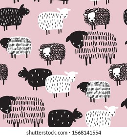 Black And White Sheep Seamless Pattern On Pink Background. Silhouettes Of Animals .Texture, Wallpaper. Print For Textiles, Decoration.