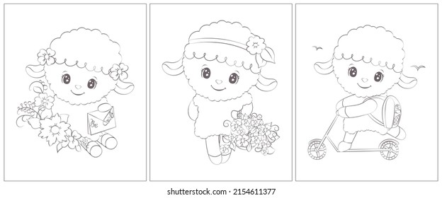 ovejas negras y blancas. Conjunto de 3 páginas para un libro de colorear. Ilustración portadora animal en blanco y negro. Panorama de animales para páginas de coloreo para niñas y niños.
