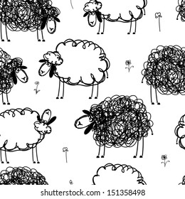 Black and white sheeps on meadow, seamless pattern for your design