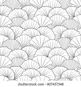 Black and white shells, modern line art. Seamless pattern for coloring book. Vector.