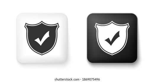 Escudo blanco y negro con icono de marca de verificación aislado en fondo blanco. Símbolo de protección. Icono de comprobación de seguridad. Icono de marca aprobada. Botón cuadrado. Vector.
