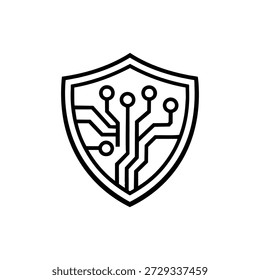 Escudo blanco y negro con el icono de las líneas de la placa de circuito para programar la protección de la ciberseguridad y de la inteligencia artificial
