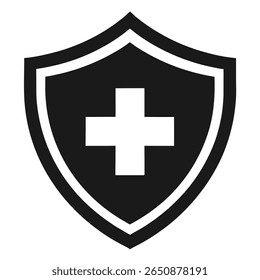 Black white shield with cross silhouette. Health protection concept. Healthcare themed vector illustration for poster, leaflet, certificate, flayer or invitation background.
