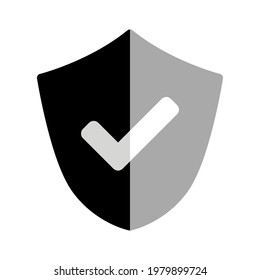 Icono de defensa de Escudo blanco y negro con signo de marca de verificación y sombra. Imagen vectorial.
