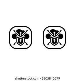 Black and white shield emblem with crossed swords and anchor strength stability