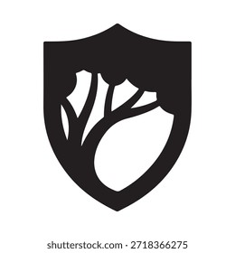 Un emblema de escudo blanco y negro con un diseño de árbol y corazón