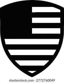 A black and white shield emblem with horizontal stripes and a block representing the American flag.