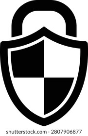 Black and white shield emblem with lock symbol and cross pattern