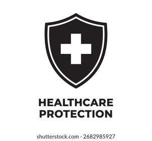 A black and white shield featuring a silhouette of a medical cross. It's all about health protection. This healthcare-themed vector illustration is perfect for posters, leaflets, certificates, flyers,