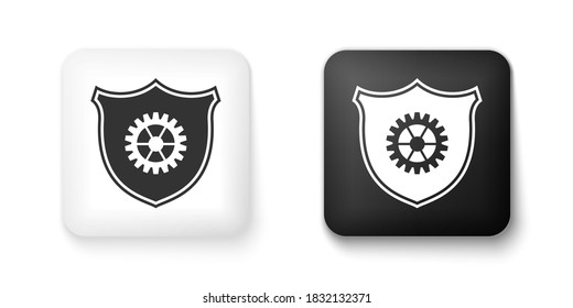 Escudo blanco y negro con icono de engranaje aislado en fondo blanco. Botón cuadrado. Vector.