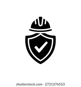 Icono de escudo blanco y negro con marca de verificación y casco de construcción