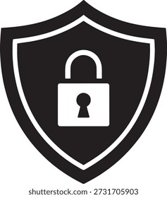 O ícone de escudo preto e branco com cadeado fechado representa uma defesa robusta da segurança das informações para ativos digitais e requisitos críticos de proteção de dados.