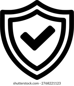 A black and white shield icon featuring a prominent checkmark, symbolizing protection, security, and verification. The shield represents defense and safeguard, while the checkmark signifies validation, guarantee, and assurance. This icon is often used to convey a sense of trust, reliability, and confidence in various contexts, including business, technology, and finance.