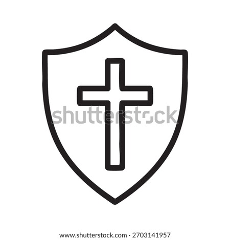 A black and white shield icon featuring a centered christian cross, representing faith and protection.