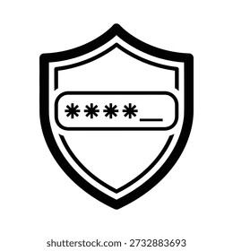A black and white shield icon with a password input field for secure login and protection