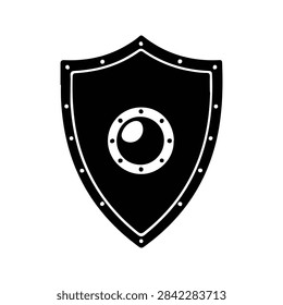 A black and white shield icon representing safety, defense, and security concepts in digital and physical contexts.