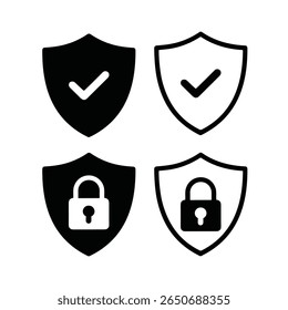Black and white shield icons with check marks and padlocks, perfect for cybersecurity, privacy, protection, antivirus, data safety, and secure access designs.