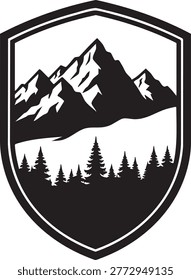 A black and white shield logo featuring a majestic mountain range with snow-capped peaks and a forest of pine trees in the foreground, set against a crisp white background.