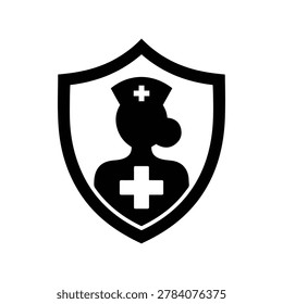 Black and white shield logo with a nurse's silhouette and medical cross symbols, representing healthcare and protection.