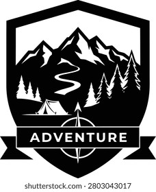 Black and white shield with mountains trees tent and compass