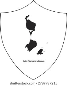 A black and white shield shape contains a silhouette map of the islands of Saint Pierre and Miquelon.