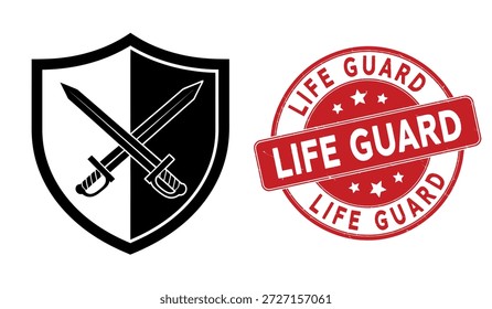 A black and white shield with a sword and a red life guard stamp on isolated white background, symbolizing protection and safety