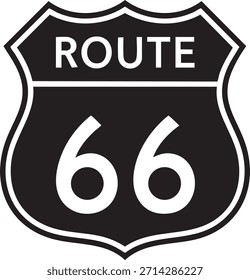 Black and white shield-shaped sign with Route 66 text and numbers