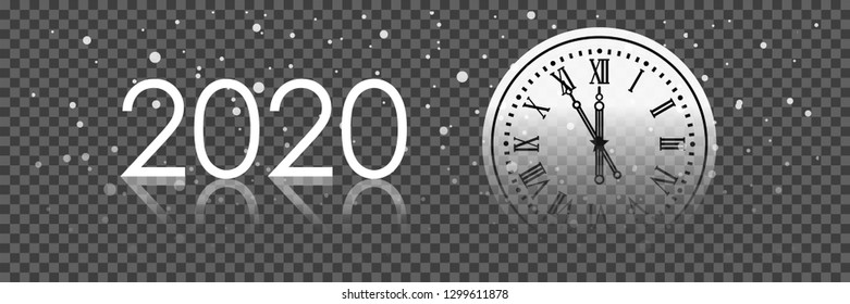 Black and white shiny 2020 New Year web banner. Card with snow, reflection and blurred round clock - chimes of the Kremlin Spasskaya Tower on dark background. Isolated vector illustration website.