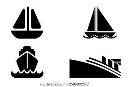 Black And White Ship Icon Vector EPS 4 Set