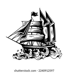 Black and white ship with wave vector design