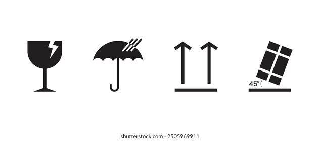 Black and White Shipping Label Icons - Carton-Style Fragile, This Side Up, Handle with Care, and Do Not Stack Symbols for Packaging, Shipping, and Handling Instructions