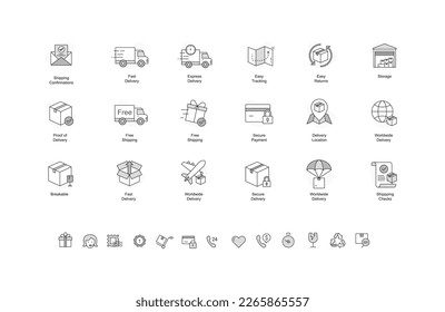Black and white shipping vector line icon, Minimalist Logistics, Delivery Tracking Business Vector Icons
