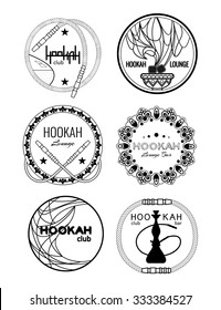 Black and white shisha icon set, emblem for hookah lounge or bar, vector illustration